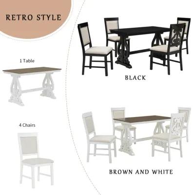 Retro 5-Piece Dining Set with Wooden Table & Upholstered Chairs