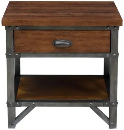 Wooden Nightstand with Metal Block Legs and Open Shelf, Brown - Benzara