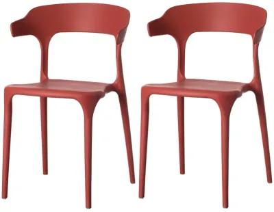 Modern Plastic Outdoor Dining Chair with Open U Shaped Back, Red Set of 2