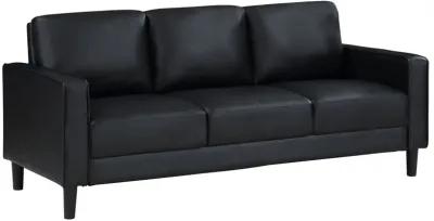 Rumi Sofa, Black Faux Leather, Modern Track Arms, Foam Cushions