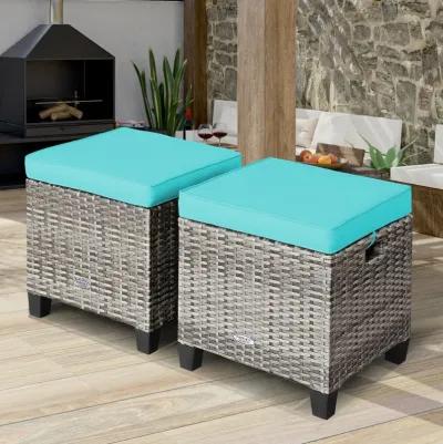 2PCS Patio Rattan Wicker Ottoman Seat with Removable Cushions