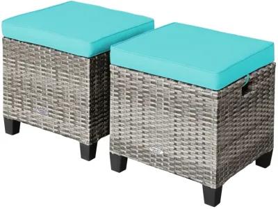 2PCS Patio Rattan Wicker Ottoman Seat with Removable Cushions