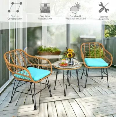 3 Pieces Rattan Furniture Set with Cushioned Chair Table