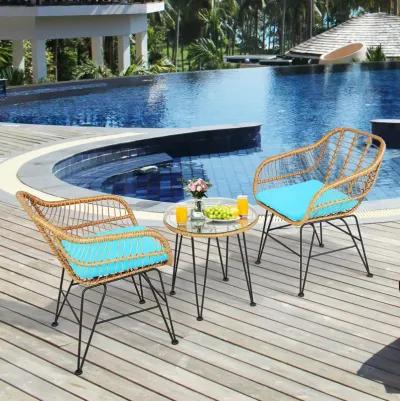 3 Pieces Rattan Furniture Set with Cushioned Chair Table