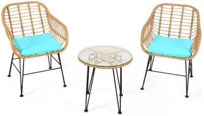 3 Pieces Rattan Furniture Set with Cushioned Chair Table