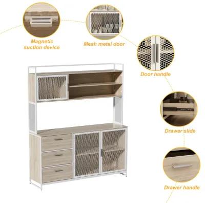 59 in. W Kitchen Beige Wood Buffet Sideboard Pantry Cabinet For Dining Room with Metal Mesh Doors, 3-Drawers, Shelves