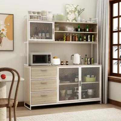 59 in. W Kitchen Beige Wood Buffet Sideboard Pantry Cabinet For Dining Room with Metal Mesh Doors, 3-Drawers, Shelves