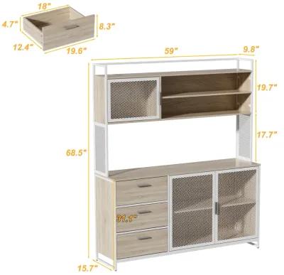 59 in. W Kitchen Beige Wood Buffet Sideboard Pantry Cabinet For Dining Room with Metal Mesh Doors, 3-Drawers, Shelves