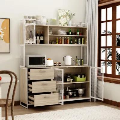 59 in. W Kitchen Beige Wood Buffet Sideboard Pantry Cabinet For Dining Room with Metal Mesh Doors, 3-Drawers, Shelves