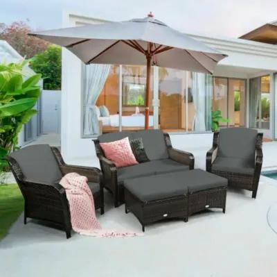 5 Pieces Patio Rattan Sofa Set with Cushion and Ottoman