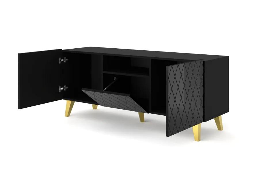 TV Stand DIUNA 3D 57'' Lowboard Milled MDF Fronts, Black High Gloss