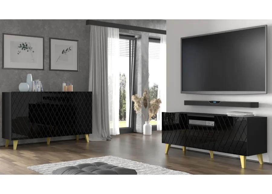 TV Stand DIUNA 3D 57'' Lowboard Milled MDF Fronts, Black High Gloss