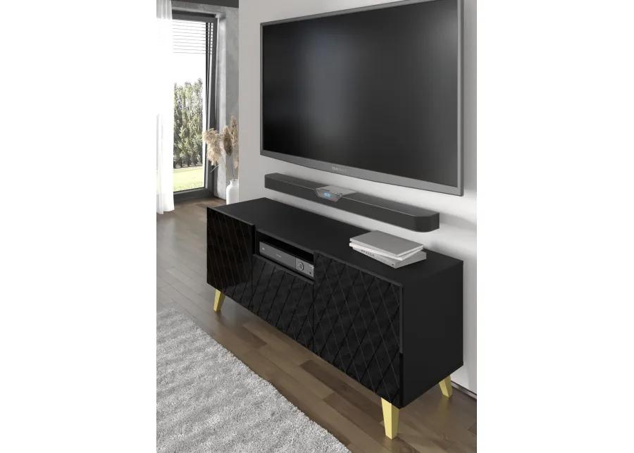 TV Stand DIUNA 3D 57'' Lowboard Milled MDF Fronts, Black High Gloss