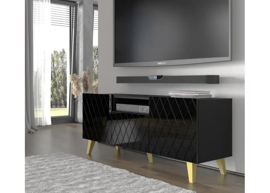 TV Stand DIUNA 3D 57'' Lowboard Milled MDF Fronts, Black High Gloss