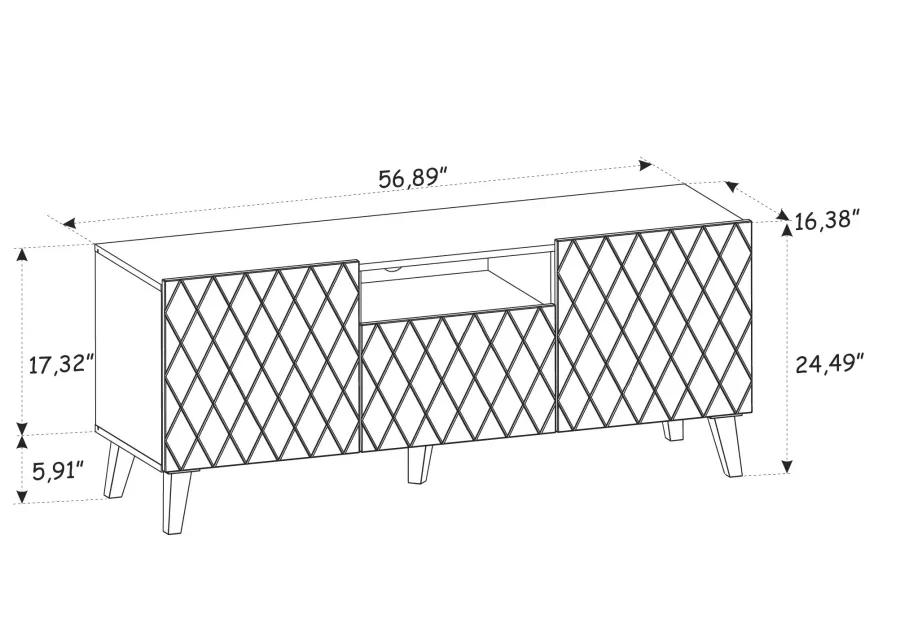 TV Stand DIUNA 3D 57'' Lowboard Milled MDF Fronts, Black High Gloss