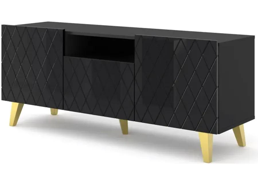 TV Stand DIUNA 3D 57'' Lowboard Milled MDF Fronts, Black High Gloss