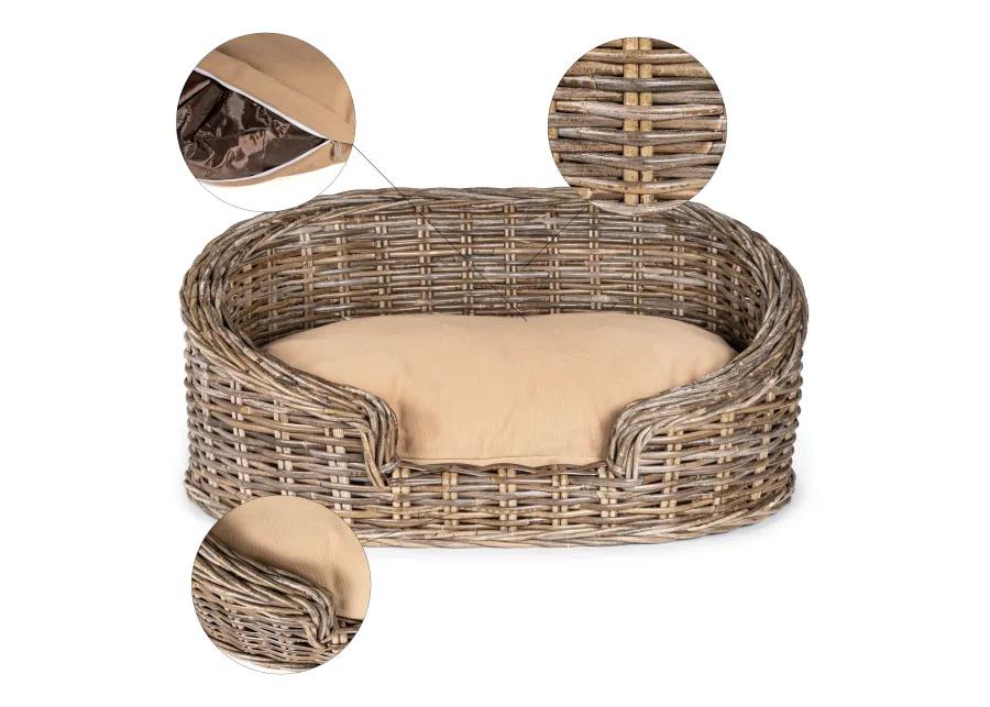 Curvy 28.5" x 17.25" Classic Handwoven Rattan Dog Bed with Machine-Washable Cushion, Kubu Gray