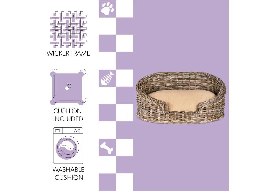 Curvy 28.5" x 17.25" Classic Handwoven Rattan Dog Bed with Machine-Washable Cushion, Kubu Gray