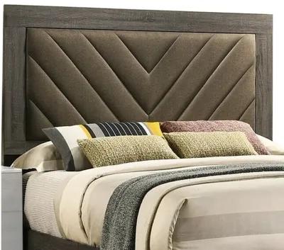 Cato Upholstered King Size Bed, Chevron Tufted Brown Headboard, Dark Gray  - Benzara