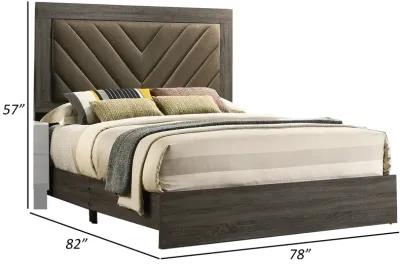 Cato Upholstered King Size Bed, Chevron Tufted Brown Headboard, Dark Gray  - Benzara