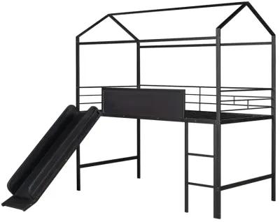 Metal House Bed With Slide, Twin Size Metal Loft Bed With Two-Sided Writable Wooden Board