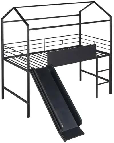 Metal House Bed With Slide, Twin Size Metal Loft Bed With Two-Sided Writable Wooden Board