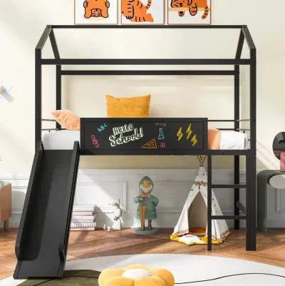 Metal House Bed With Slide, Twin Size Metal Loft Bed With Two-Sided Writable Wooden Board