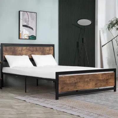 Full Bed Frame with Headboard & Footboard, Strong Slat Support Twin Size Metal Bed w/ Underbed Storage Space