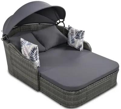 79.9" Outdoor Sunbed With Adjustable Canopy, Double Lounge, PE Rattan Daybed, Wicker