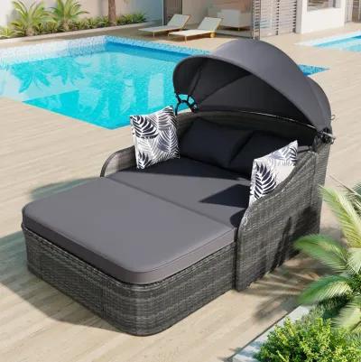 79.9" Outdoor Sunbed With Adjustable Canopy, Double Lounge, PE Rattan Daybed, Wicker