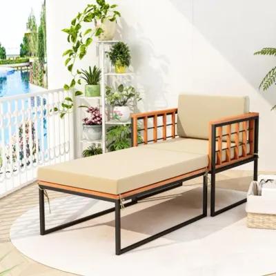 Hivvago Patio Acacia Wood Armchair with Long Ottoman and Seat Back Cushions