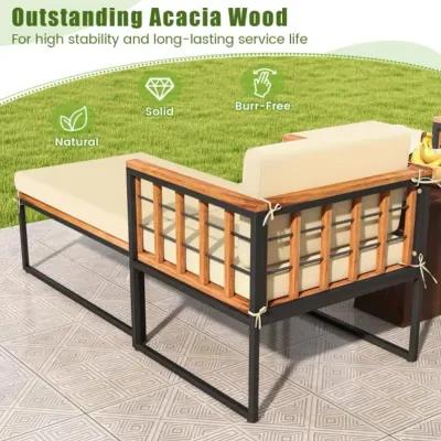 Hivvago Patio Acacia Wood Armchair with Long Ottoman and Seat Back Cushions