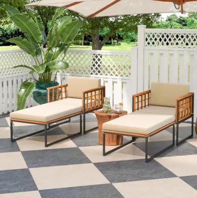 Hivvago Patio Acacia Wood Armchair with Long Ottoman and Seat Back Cushions