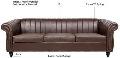 PU Rolled Arm Chesterfield Three Seater Sofa