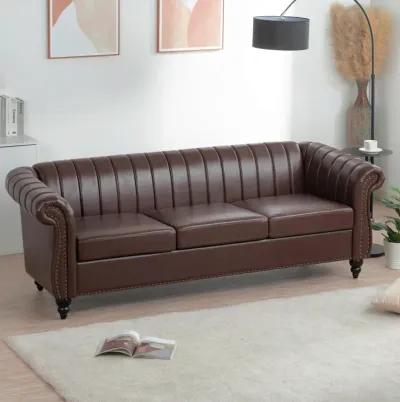 PU Rolled Arm Chesterfield Three Seater Sofa