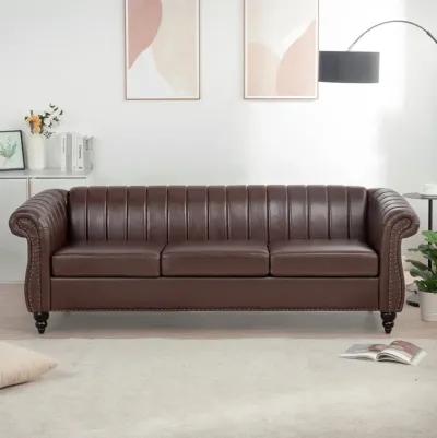 PU Rolled Arm Chesterfield Three Seater Sofa