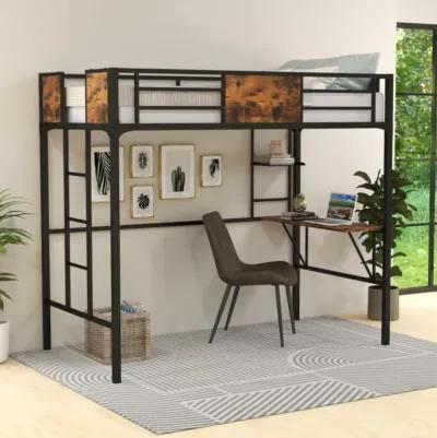 Hivvago Twin Size Industrial Metal Loft Bed with Desk Storage Shelf and Build-in Ladder