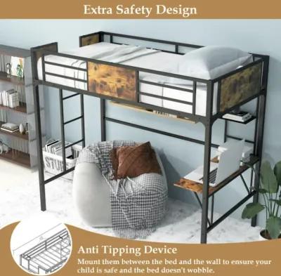 Hivvago Twin Size Industrial Metal Loft Bed with Desk Storage Shelf and Build-in Ladder