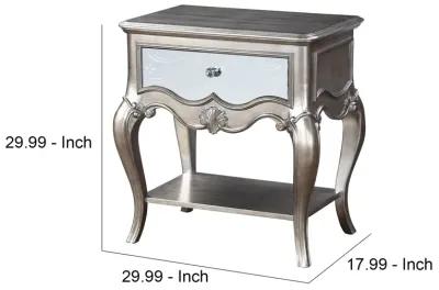 Nightstand with Mirror Panel Front and Molded Trim, Antique Silver-Benzara