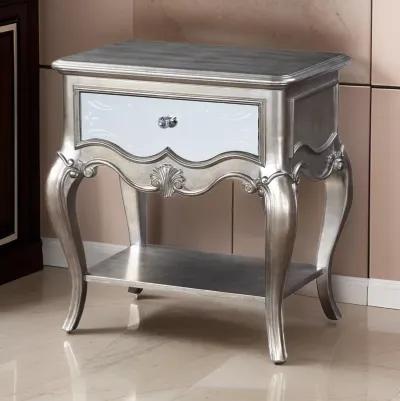 Nightstand with Mirror Panel Front and Molded Trim, Antique Silver-Benzara