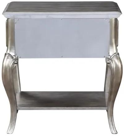 Nightstand with Mirror Panel Front and Molded Trim, Antique Silver-Benzara