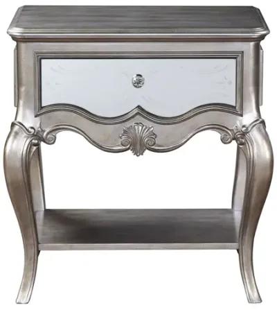 Nightstand with Mirror Panel Front and Molded Trim, Antique Silver-Benzara