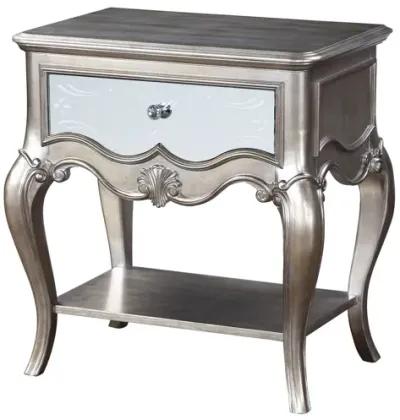 Nightstand with Mirror Panel Front and Molded Trim, Antique Silver-Benzara