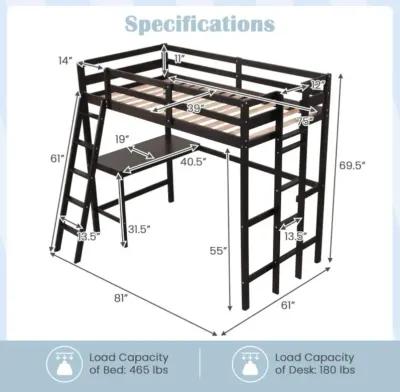 Hivvago Twin Size Loft Bed Frame with Desk Angled and Built-in Ladder