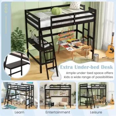 Hivvago Twin Size Loft Bed Frame with Desk Angled and Built-in Ladder