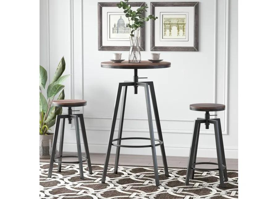 Industrial Bar Dining: 3-Piece Adjustable Height Bistro Set with Swivel Stools