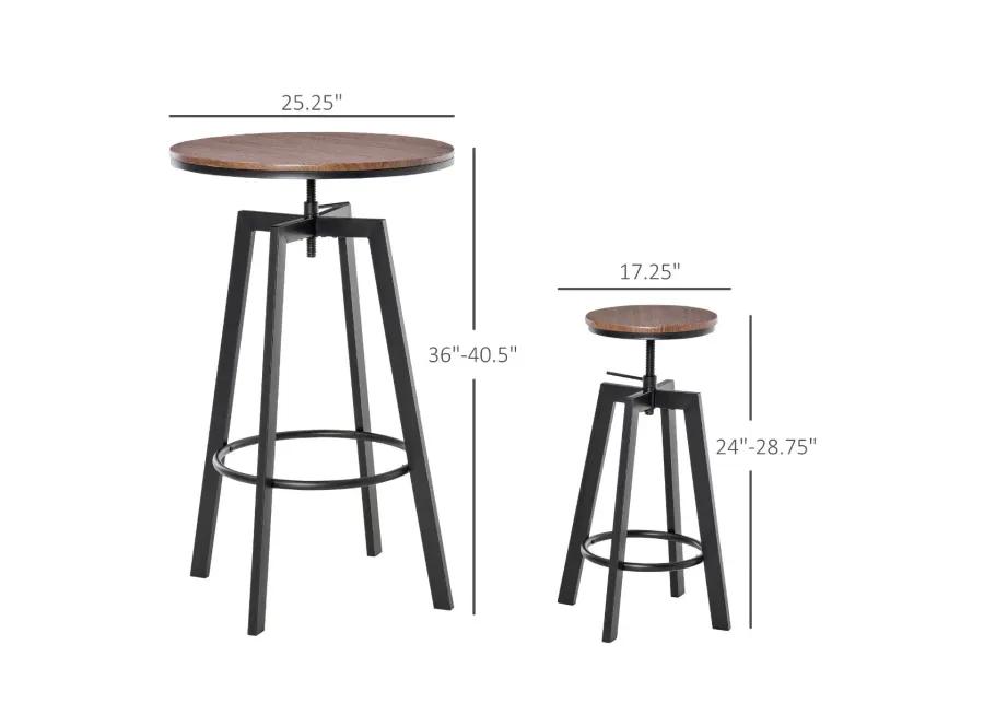 Industrial Bar Dining: 3-Piece Adjustable Height Bistro Set with Swivel Stools