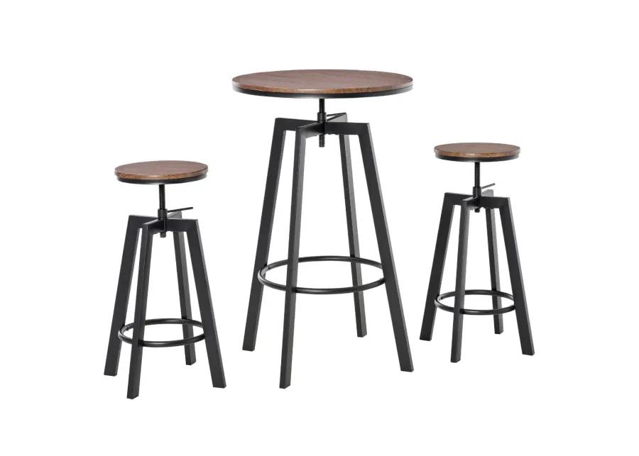 Industrial Bar Dining: 3-Piece Adjustable Height Bistro Set with Swivel Stools