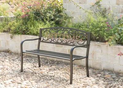 Steel Outdoor Patio Garden Park Seating Bench with Cast Iron Welcome Backrest, Front Porch Yard Bench Lawn Decor