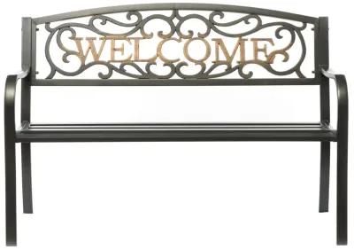 Steel Outdoor Patio Garden Park Seating Bench with Cast Iron Welcome Backrest, Front Porch Yard Bench Lawn Decor